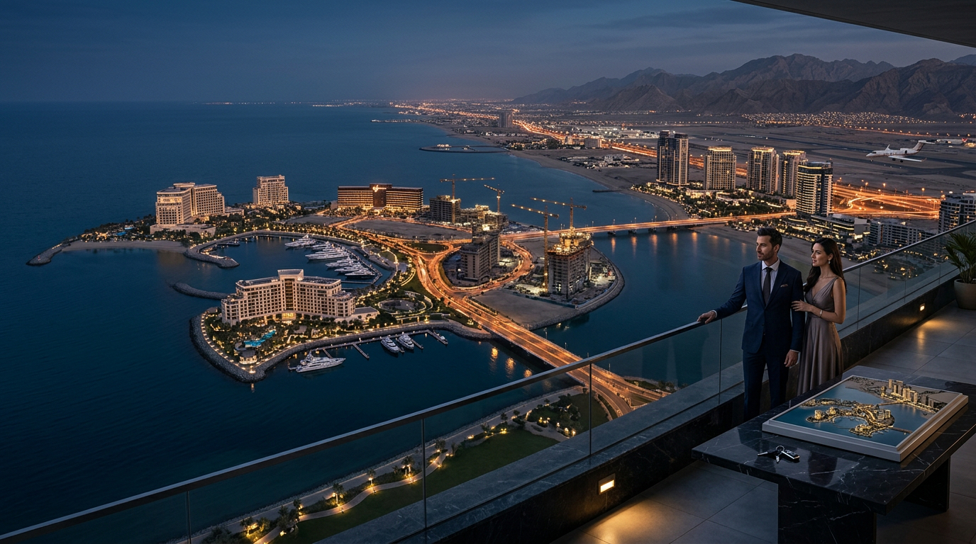 Twilight aerial of Al Marjan Island and the Ras Al Khaimah coastline with the Hajar mountains in the distance